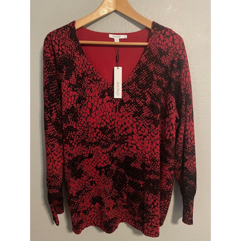 Chicos Pullover Sweater Womens 4 US XXL Red Allure Mosaic Snake Print Soft NEW